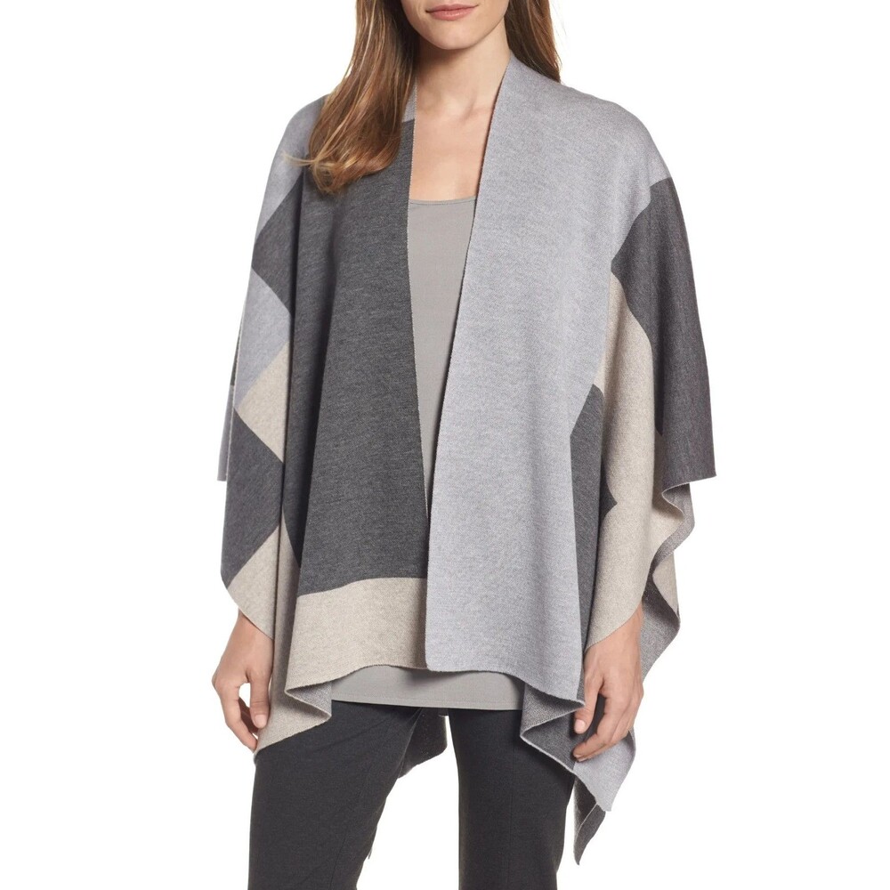 Eileen Fisher 100% Merino Wool Serape Wrap Blanket Scarf One Size Colorblock